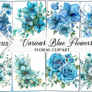 70 imágenes prediseñadas de varias flores azules, estampados de flores, acuarela imprimible, PNG y SVG de alta calidad, descarga digital, artesanía en papel, diario basura