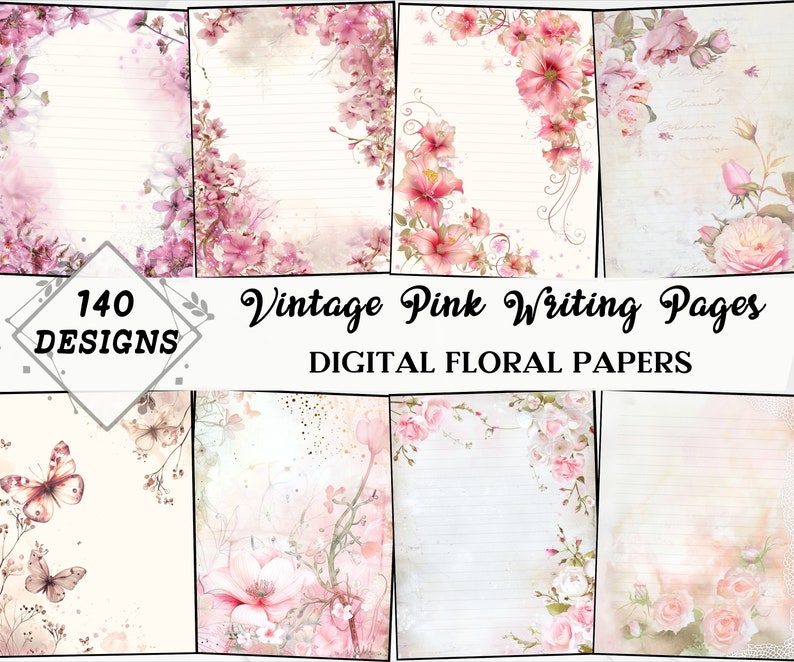 Retro Pink Writing Blank Lined Journal Pages Bundle - Printable Shabby Pink Roses ...