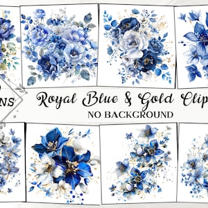 Royal Blue en Gold Floral Clipart Shabby Wedding Rustiek Marineblauw & Goud Glitter Bloemen Vintage Antieke Clip Art Versieringen, DIY Craft