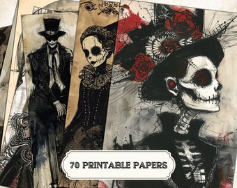 May include: A set of 70 printable digital papers featuring gothic and spooky illustrations. The papers feature a skull with a top hat, a woman with a top hat, and a man in a top hat and suit.