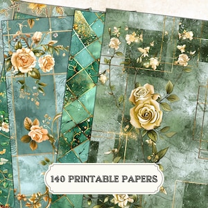 Grün & Gold Digitales Papier-Bundle | Abstrakt Blumen, Damast, Streifen, Punkte, Rauten | Distressed Karierte A4 Blätter für DIY Handwerk