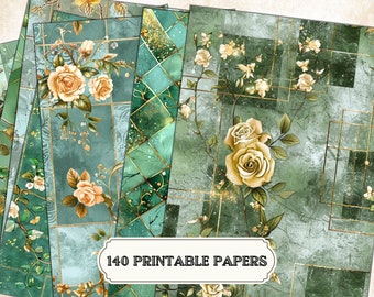 Groene en gouden digitale papieren bundel | Abstracte bloemen, damast, strepen, stippen, diamanten | Verontruste geruite A4-vellen voor knutselen
