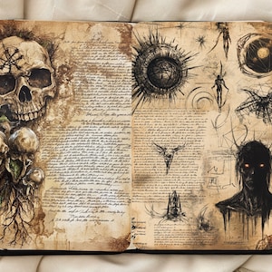May include: An open book with a dark brown leather cover. The pages are filled with handwritten text and sketches. The sketches include a skull, a human figure, and a large, dark circle with radiating lines. The book has a vintage, occult aesthetic.