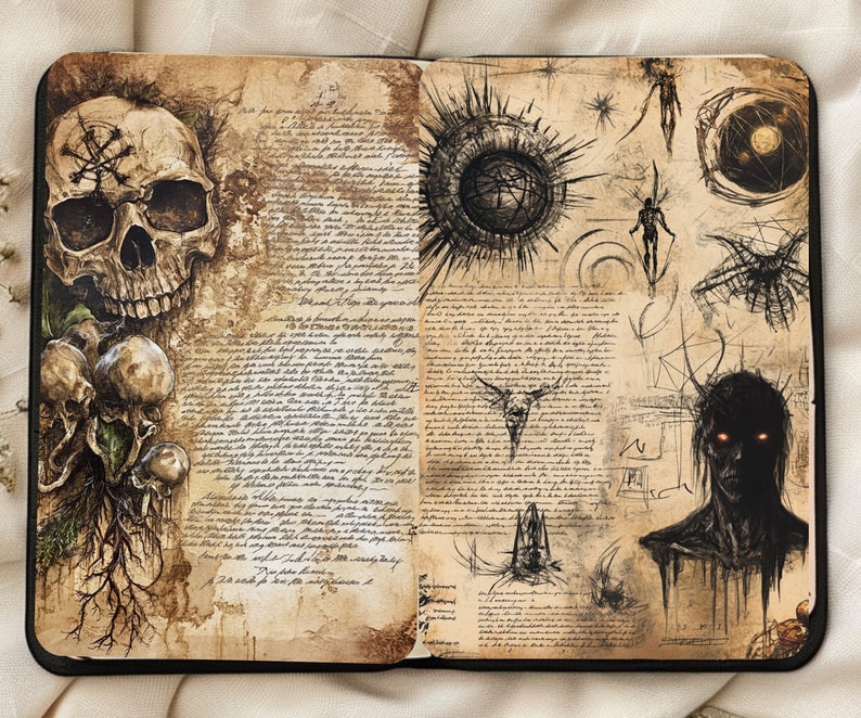 May include: An open book with a dark brown leather cover. The pages are filled with handwritten text and sketches. The sketches include a skull, a human figure, and a large, dark circle with radiating lines. The book has a vintage, occult aesthetic.