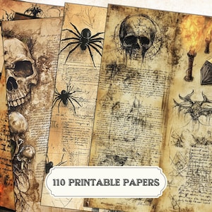 Páginas de diário de bruxaria de Halloween | Folhas de grimório e livro de feitiços vintage | Criaturas assustadoras e feitiços | Livro das sombras | Pacote para impressão