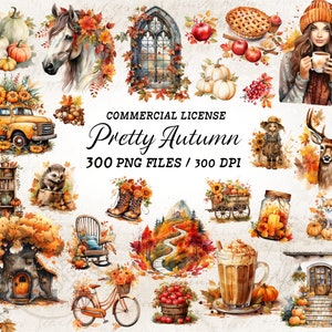 May include: A collection of 300 digital illustrations featuring autumnal elements, including pumpkins, leaves, a horse, a deer, a truck, a rocking chair, a coffee cup, a pie, a window, a house, and a bicycle. The illustrations are in a watercolor style and are perfect for crafting projects, scrapbooking, and digital design.