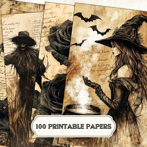 Peut inclure: Un ensemble de 100 papiers imprimables avec des illustrations de style vintage d'une sorcière, d'un épouvantail, d'un chat noir et de roses. Les papiers ont un aspect vieilli et usé et sont parfaits pour le scrapbooking, la fabrication de cartes et autres projets d'artisanat.