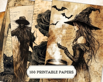 Spooky Halloween Junk Journal Pages | Vintage Gothic Ephemera Bundle | Witches, Ghosts, Cats, Werewolves, Bats & Pumpkins | Eerie Printables