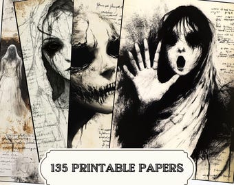 May include: A collection of 135 printable papers featuring eerie, black and white illustrations of ghostly figures and faces with open mouths. The artwork has a vintage, distressed look with handwritten text.