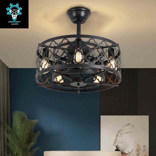 Farmhouse Elegance Meets Modern Comfort: 21" Black Caged Ceiling Fan with Light and Remote Control