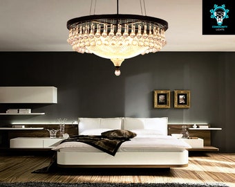 Timeless Noir Drum Chandelier, Featuring 4-Light Brilliance and Enchanting Crystal Droplets