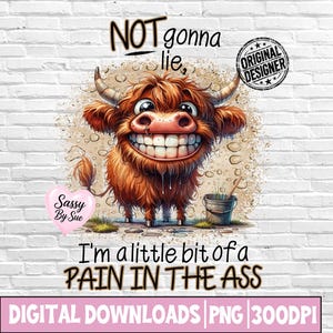 Not Gonna Lie Pain In The Ass PNG, Sublimation Design, Highland Cow, Funny Cow Quote, Adult Humor, Sarcastic Saying, Office, Co-Worker, Mug