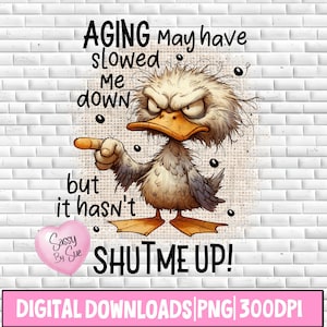 Aging May Have Slowed Me Down PNG, Sublimation Design, Silly Duck, Angry Bird, Sarcastic Quote, Adult Humor, Watercolor Duck Art, Cute Mug