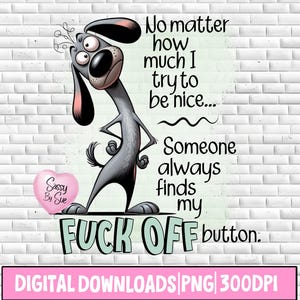 May include: A cartoon dog illustration with the text "No matter how much I try to be nice... Someone always finds my FUCK OFF button." A pink heart with "Sassy By Sue" is also present. The bottom reads "DIGITAL DOWNLOADS PNG 300DPI".