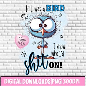 Si fuera un pájaro, ya sé en quién cagaría (PNG), diseño de sublimación, humor adulto, clipart de pájaro gracioso, cita divertida, suéter de camisa loco, vaso