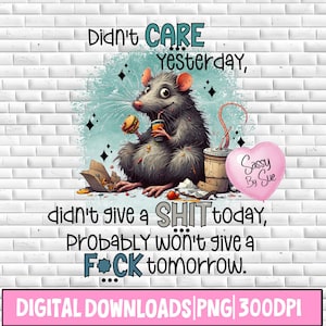 Didn't Care Yesterday Didn't Give A Shit Today PNG, Sublimation Design, Funny Adult Quote, Crazy Cartoon Rat, Sarcastic Saying, Shirt PNG