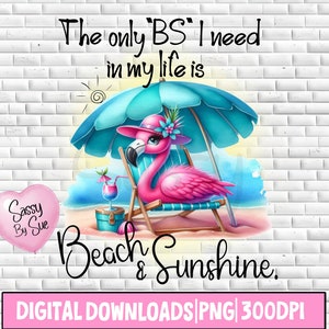 A única besteira que preciso na minha vida é praia e sol PNG, design de sublimação, flamingo rosa fofo, citação engraçada, desenho em aquarela, caneca, copo