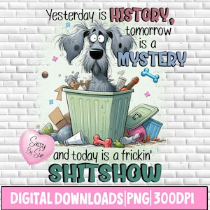 Könnte beinhalten: Ein digitaler Download mit einem Cartoon-Hund in einer Mülltonne und dem Text "Yesterday is HISTORY, tomorrow is a MYSTERY and today is a frickin' SHITSHOW." Das Bild enthält einen rosa Herzballon mit "Sassy By Sue."