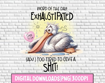 Sarcastic Sublimation PNG, Crazy Pelican Bird Design, Word Of The Day Exhaustipated, Adult Humor Quote, Silly Saying Printable, Mug, Tumbler