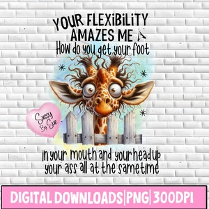 Din flexibilitet förvånar mig PNG, sublimeringsdesign, rolig giraff, söt sarkasmcitat, djurälskare PNG, tecknad konst, rolig mugg, tumbler,