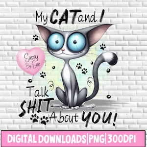 May include: A digital download of a cartoon cat with big blue eyes and a pink heart balloon that says "Sassy By Sue". The cat is sitting on a white brick wall background with the text "My CAT and I Talk SHIT About You!"