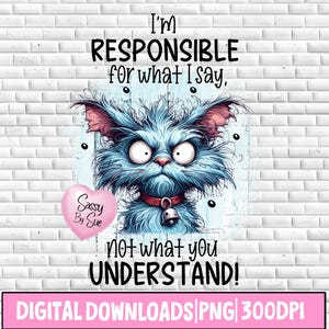 May include: A blue cartoon cat with a pink heart that says "Sassy By Sue" and the text "I'm RESPONSIBLE for what I say, not what you UNDERSTAND!"  DIGITAL DOWNLOADS PNG 300DPI