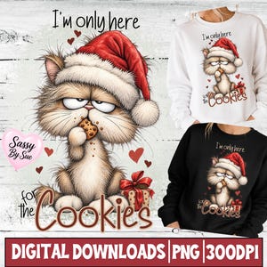 Solo estoy aquí por las galletas PNG, divertido clipart de gato navideño, diseño de sublimación de gato Papá Noel gruñón, arte de taza de camiseta navideña peculiar, imprimible