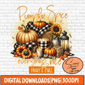 Puede incluir: Una ilustración digital de calabazas, hojas de otoño, una linterna y una taza de café con el texto "Pumpkin Spice & everything nice that's fall".