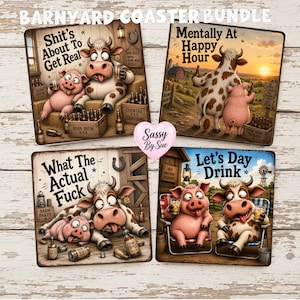 Peut inclure: Un ensemble de quatre dessous de verre carrés avec des illustrations humoristiques d'animaux de ferme. Chaque dessous de verre présente une vache et un cochon avec des textes comme "Shit's About To Get Real" et "Let's Day Drink".