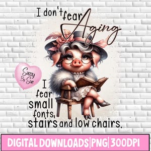 Op de afbeelding: Digitale download met een cartoonvarken met bril en hoed, een boek vasthoudend, met de tekst "Ik ben niet bang voor ouder worden, ik ben bang voor kleine lettertypen, trappen en lage stoelen." Een roze hartballon zegt "Sassy By Sue."