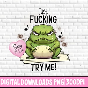 May include: A digital download featuring an illustration of an angry green frog with the text "Just Fucking Try Me!". A pink heart-shaped candy with "Sassy By Sue" is also present. The image is set against a white brick wall.