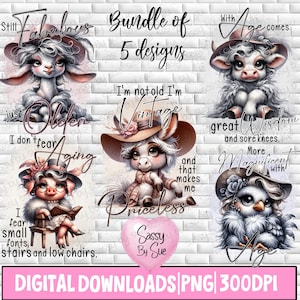 Pode incluir: Um pacote de download digital com cinco designs de animais caprichosos, cada um usando um chapéu e adornado com texto. Os designs incluem uma cabra, uma vaca, um burro, um porco e um pássaro, com frases como "Still Fabulous" e "I'm not old, I'm Vintage."