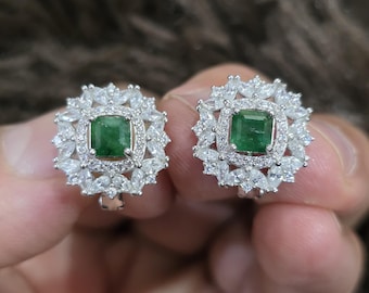 Emerald Stud Earrings in Sterling Silver with Diamond Cut Zircon Halo
