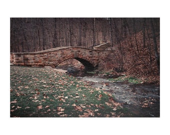Puede incluir: Un puente de piedra arqueado sobre un pequeño arroyo en un área boscosa. El arroyo está rodeado de hojas caídas y hierba verde.