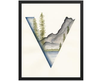 FRAMED POSTER PRINT: Triangle Mountain Blue Watercolor Art