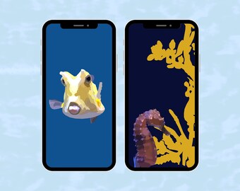 Phone wallpapers, set of 2, illustrated sea creatures