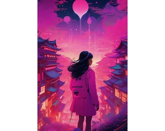 Y2K Pink Croquet Masterpiece: Vintage Japanese Cityscape - Retro Chic Crocheted Art with Old Japan Backdrop