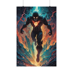 Evil Speedster Poster - Villainous Speedster with Destroyed City Background, Dark Superhero Wall Art, Dystopian Cityscape, Comic Fan Gift