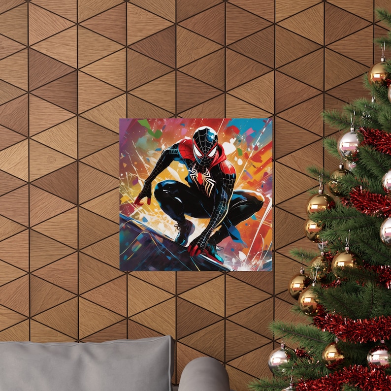 Miles Morales Spider-Man Poster - Heroic Pose Atop Skyscraper, Urban Skyline Background - Wall Art for Fans image 4