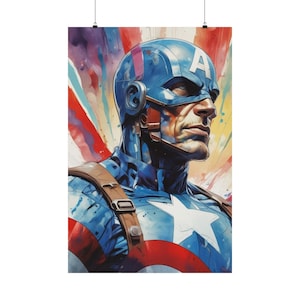 Dynamic Captain America Portrait - Vivid Watercolor Headshot Poster of America&#39;s Shielded Hero