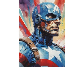 Dynamic Captain America Portrait - Vivid Watercolor Headshot Poster of America's Shielded Hero