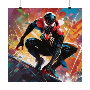 Miles Morales Spider-Man Poster - Heroic Pose Atop Skyscraper, Urban Skyline Background - Wall Art for Fans