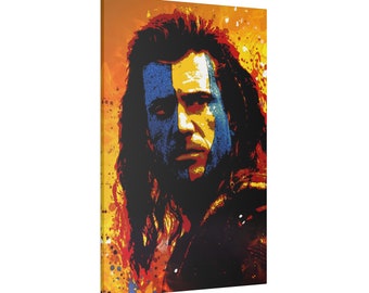 May include: A canvas print featuring a stylized portrait of a man with long dark hair and a blue and yellow face paint design. The background is a mix of orange, red, and yellow paint splatters, creating a vibrant and artistic effect.