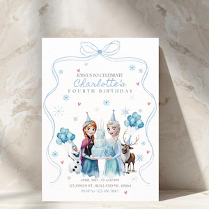 May include: A light blue invitation card with a watercolor illustration featuring two princesses, a snowman, and a reindeer. The text reads "Join us to celebrate Charlotte's Fourth Birthday" with event details. The card is decorated with snowflakes and hearts.