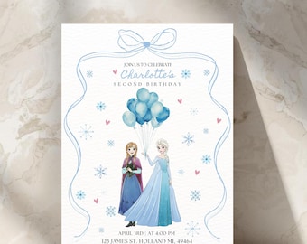 Può includere: Biglietto d'invito azzurro per una festa di secondo compleanno. La carta presenta illustrazioni di due personaggi dei cartoni animati, palloncini blu, fiocchi di neve e cuori. Il testo include il nome "Charlotte's", la data, l'ora e l'indirizzo.