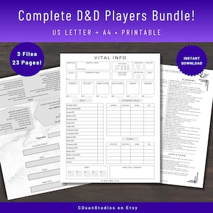 DnD Bundle, DM Cheat Sheet, DnD Player Guide, Custom Character, DnD Player Journal, DnD 5e, DnD Tools, A4, US Letter, Digital Printable