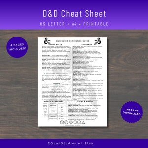 Hoja de trucos de DnD DM, guía del jugador de DnD, 5.ª edición, referencia rápida, hoja de variantes, imprimible, tamaño A4, tamaño carta de EE. UU.