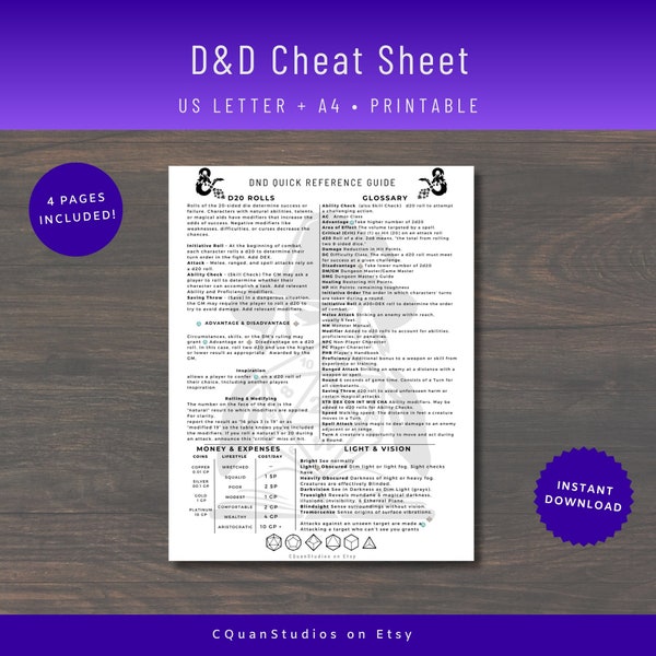 DnD Cheat Sheet, DM Cheat Sheet, DnD Player Guide, 5e, Quick Reference Guide, D&D Dungeon Master, Variant Sheet, Printable, A4, US Letter