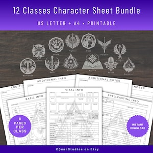Paquete de hojas de personajes de DnD, diario de jugador de DnD, paquete de clases, accesorios de DM, regalo de DM, Dungeons & Dragons, A4, tamaño carta de EE. UU., imprimible digitalmente