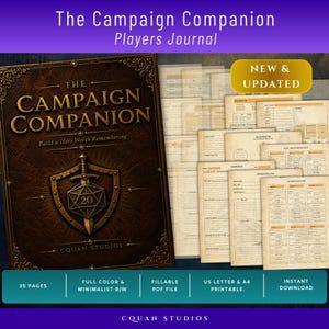 May include: A dark brown leather-textured journal titled The Campaign Companion Players Journal with a gold shield and sword emblem featuring a 20-sided die. Includes multiple beige interior pages with fillable fields and a gold New & Updated label.